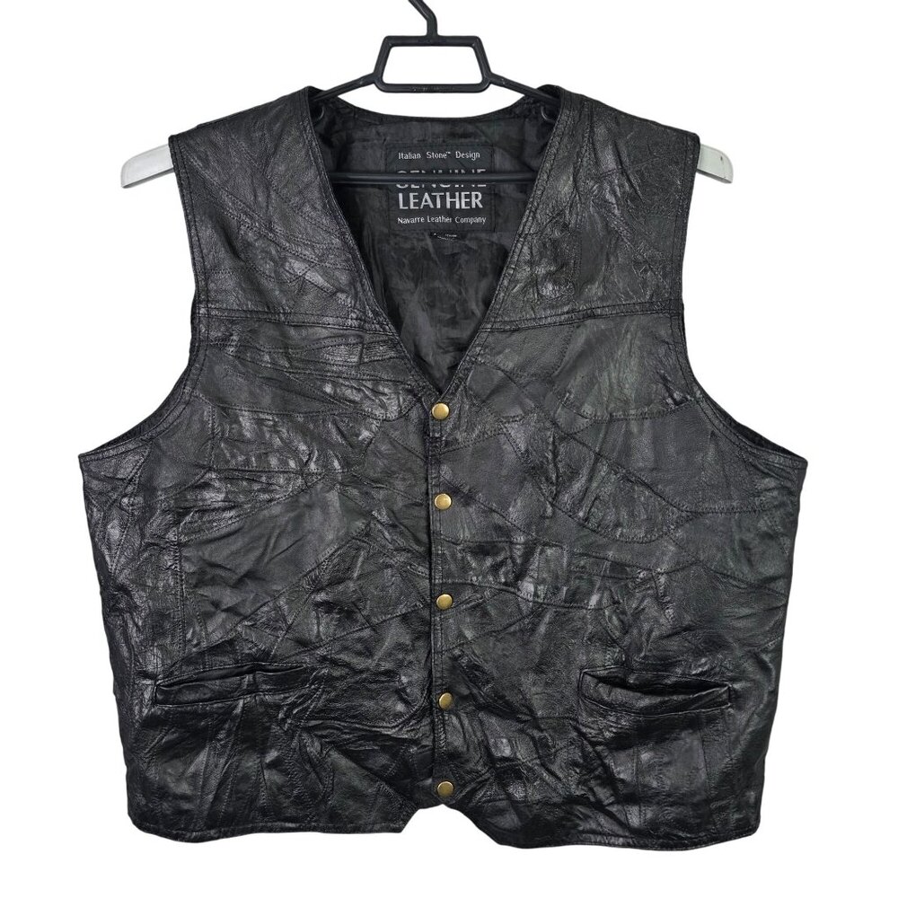 Mens Italian Stone Design Genuine Black Leather Vest Navarre Leather Co XXL